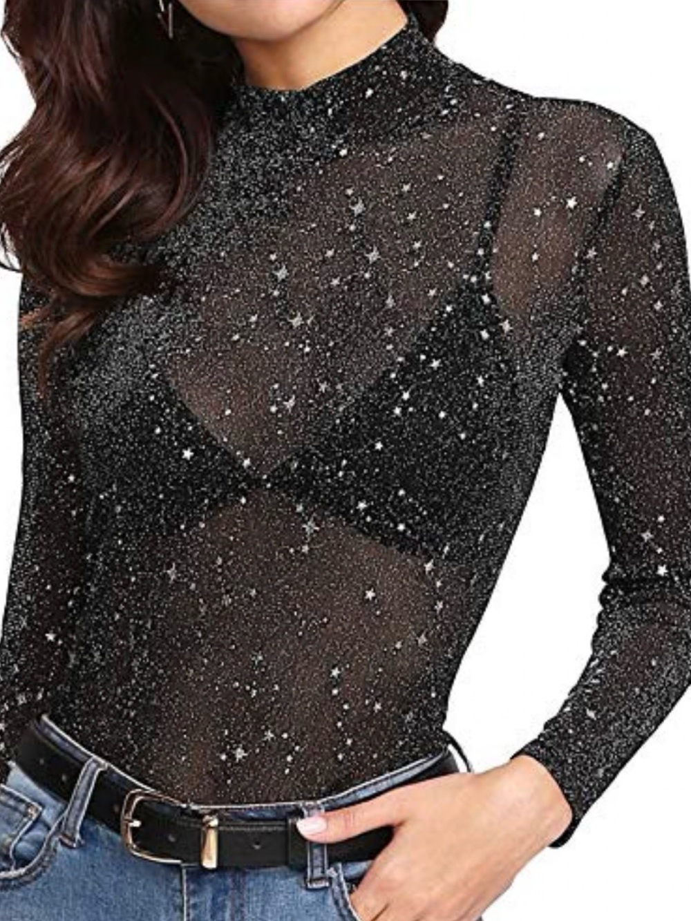 Star-Print Sheer Mesh Short Sleeve Top - Black